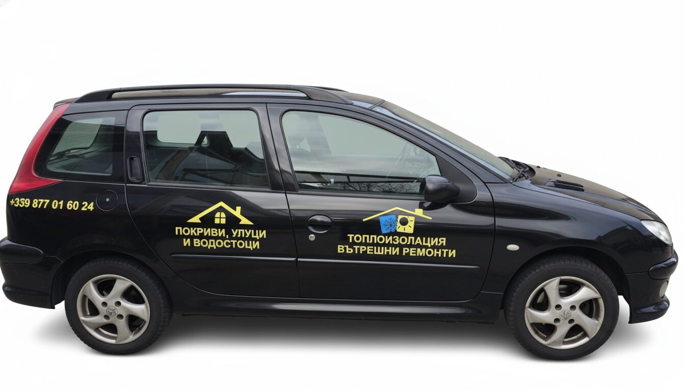 Рекламни надписи от жълто каст фолио за фирма за покриви